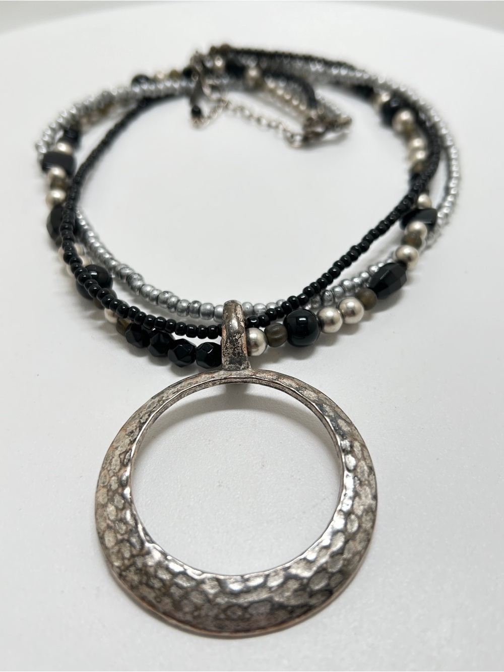 Vintage Premier Designs, Silver Plate & Black Necklace With Hammered Pendant